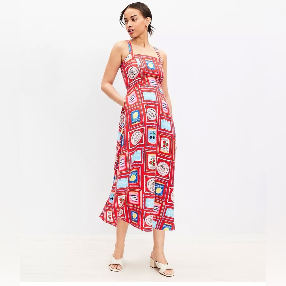 LOFT can print linen blend strappy midi dress - With pockets